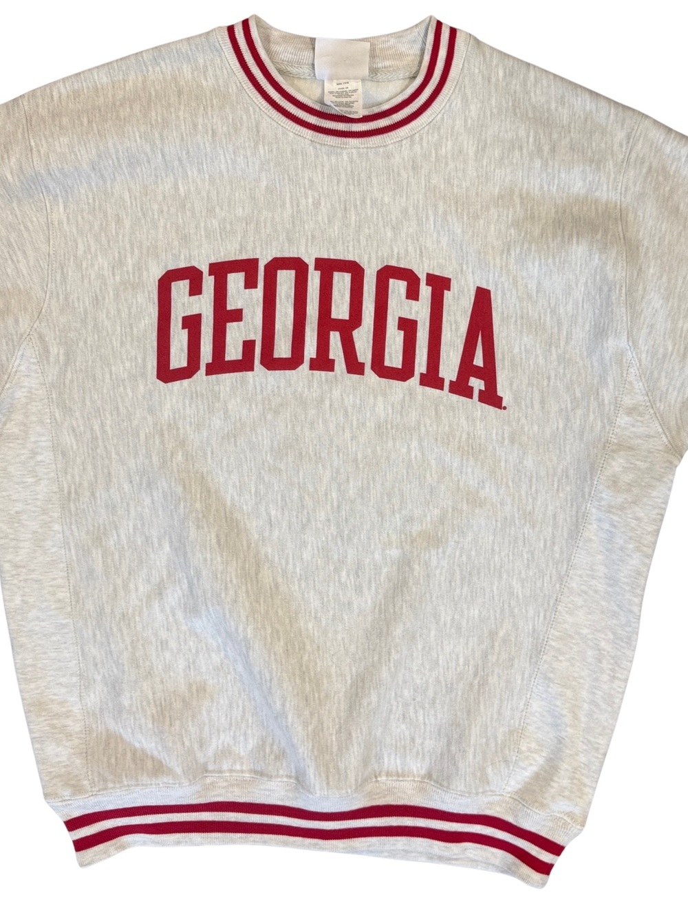 Vtg Champion Crewneck Sweatshirt in Heather Gray with Red Lettering Stripes